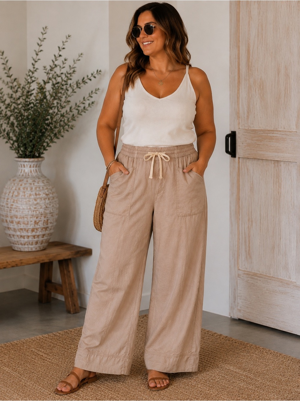 C&C California Linen-Blend Wide Leg Pants in Tan